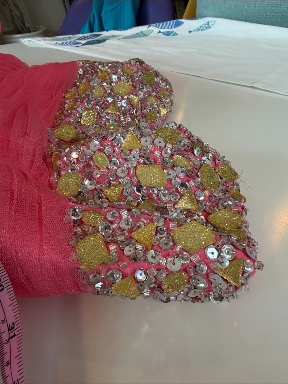 Couture Hand-Beaded Coral Gown - Picture 9 of 13